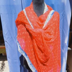 💠 Japanese Shibori Silk Chiffon Cotton Long Scarf Pearl & Gold Beaded Handmade